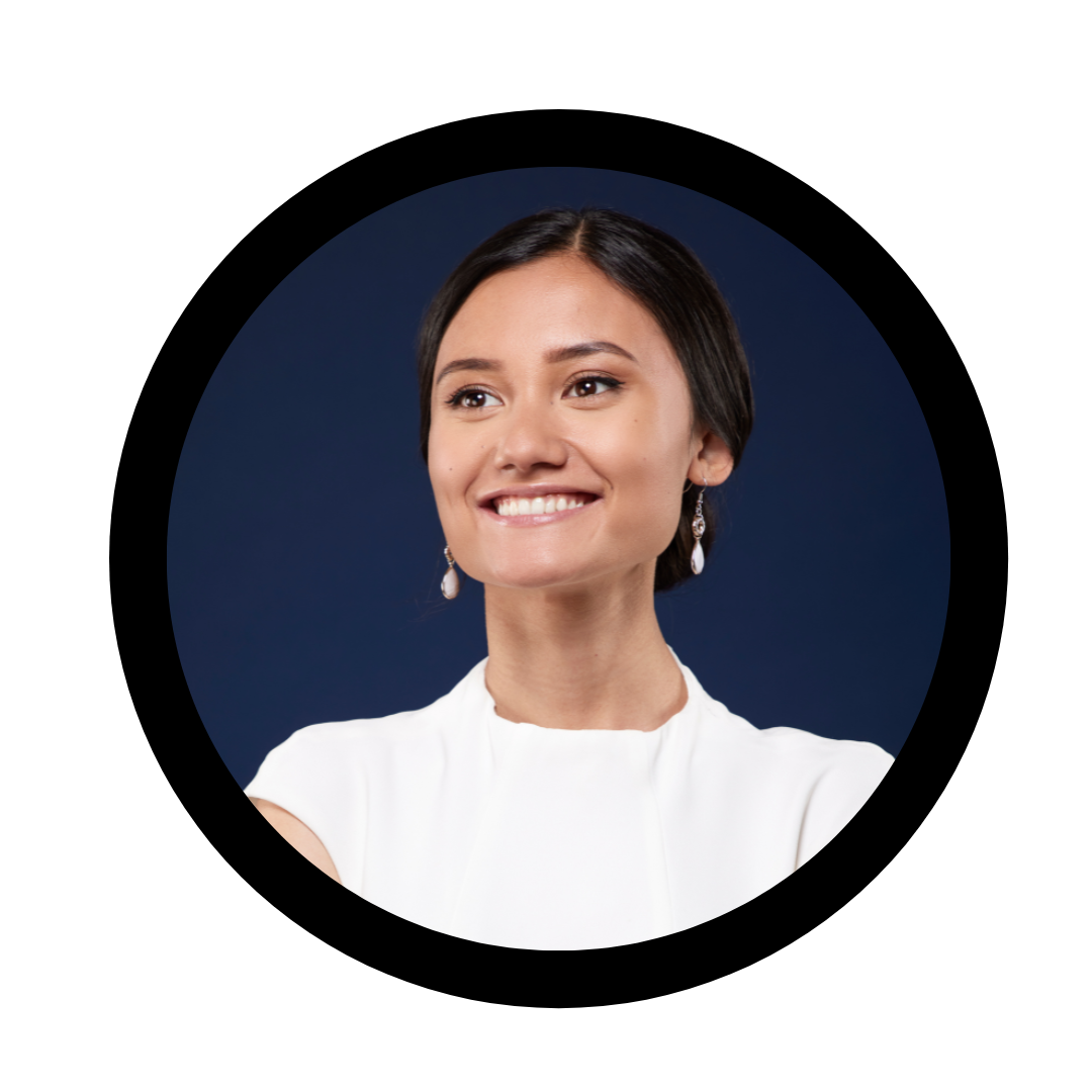 Small circle containing an image of Yasmine Poole. She has her hair in a low bun, is wearing a white top and little dangly earrings. The background of her headshot is dark blue.