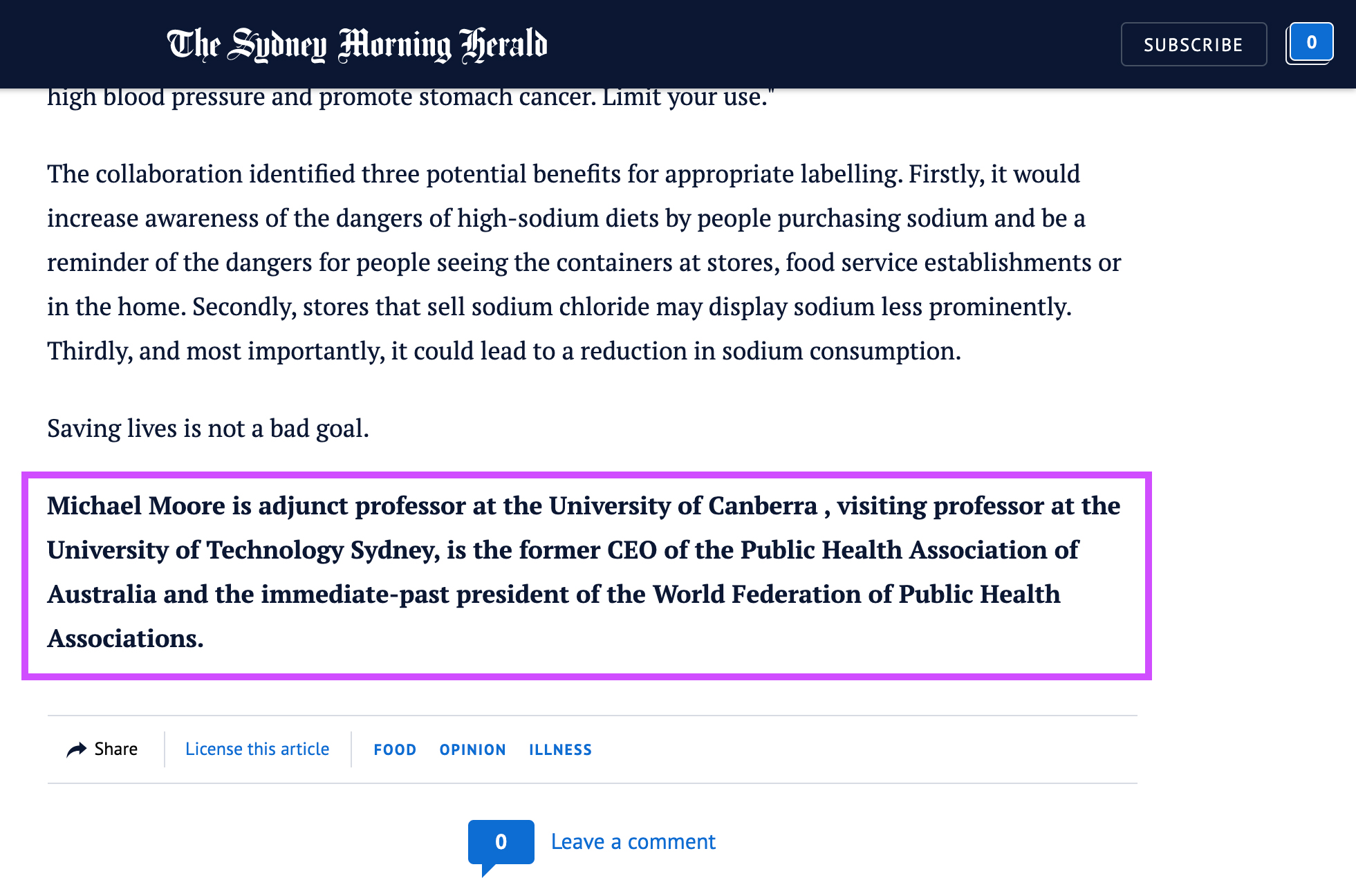 Screenshot of a story on the Sydney Morning Herald, with a purple rectangle around the author's bio to show it is an opinion piece