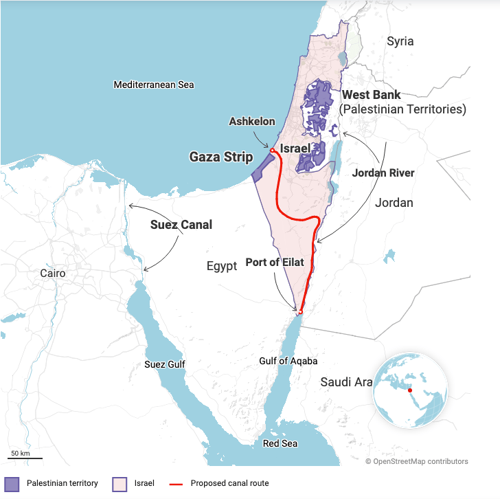Ben Gurion Canal proposal, sourced from The New Arab